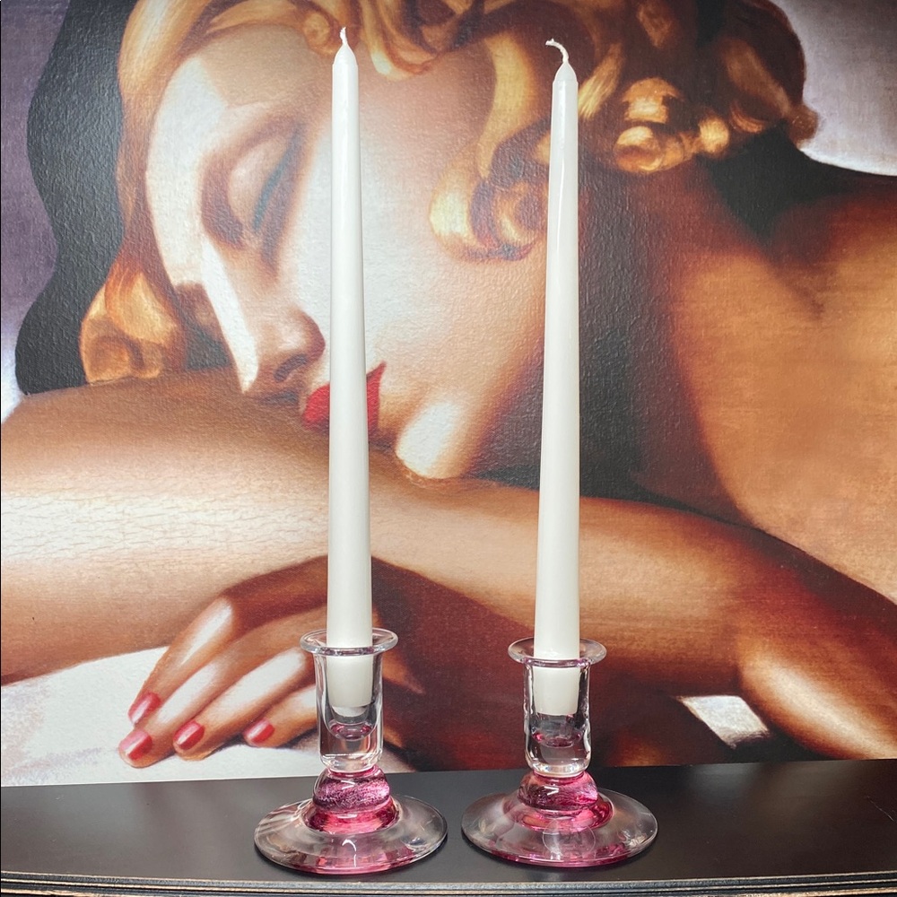 Pair of hand blown art glass red candlesticks by Jerpoint Glass Studio Ireland